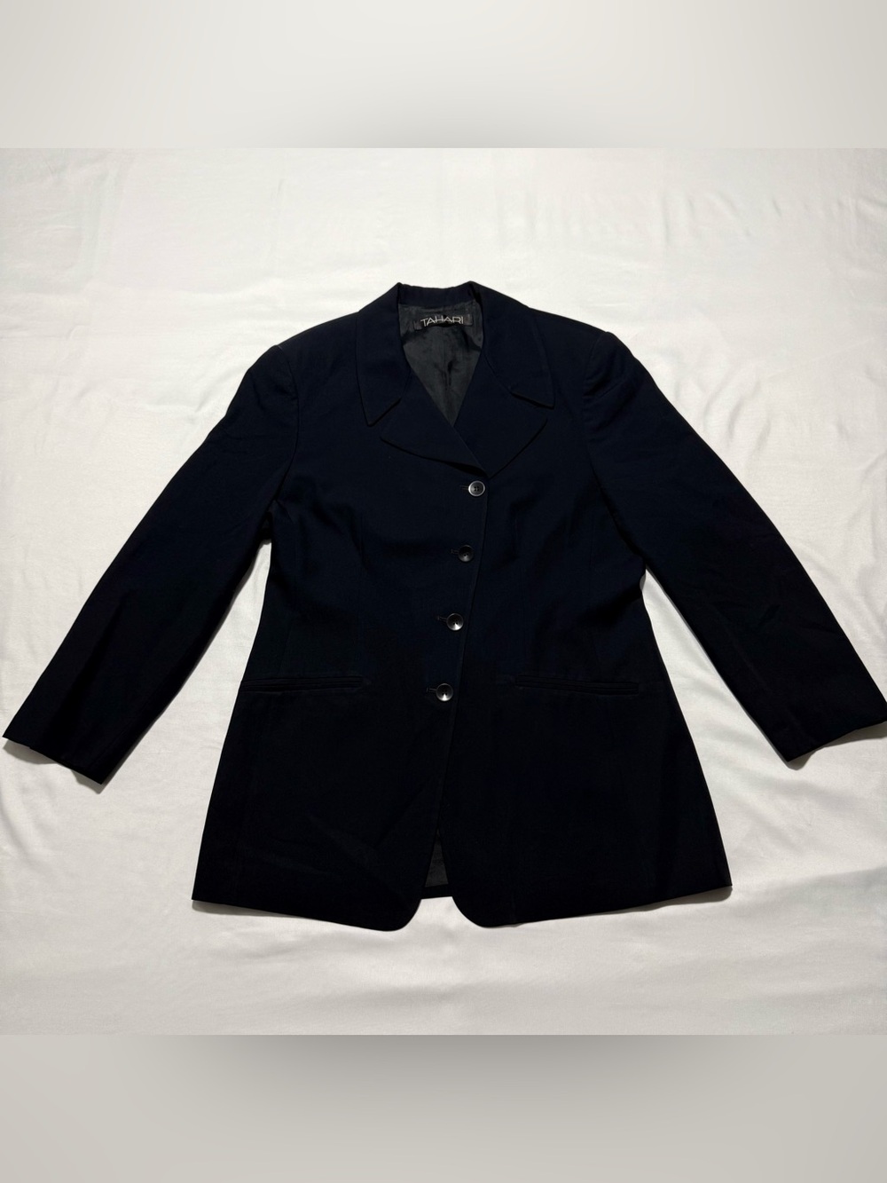 Tahari Womens Black Blazer Jacket Classic Career Button Front Sz 12 91% Wool USA